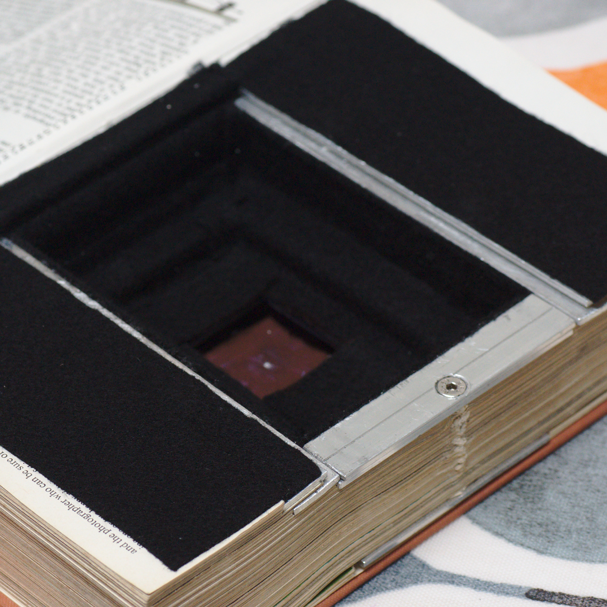The back of the book, showing self-adhesive black felt lining the cavity and covering the edges.
